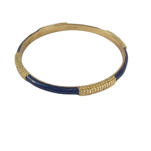 Gold-Tone & Navy Blue Enamel Bangle Bracelet Textured Detailing Classic Ethnic - Picture 4 of 7